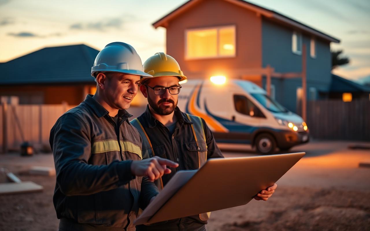 Two tradies reviewing the plan on-site